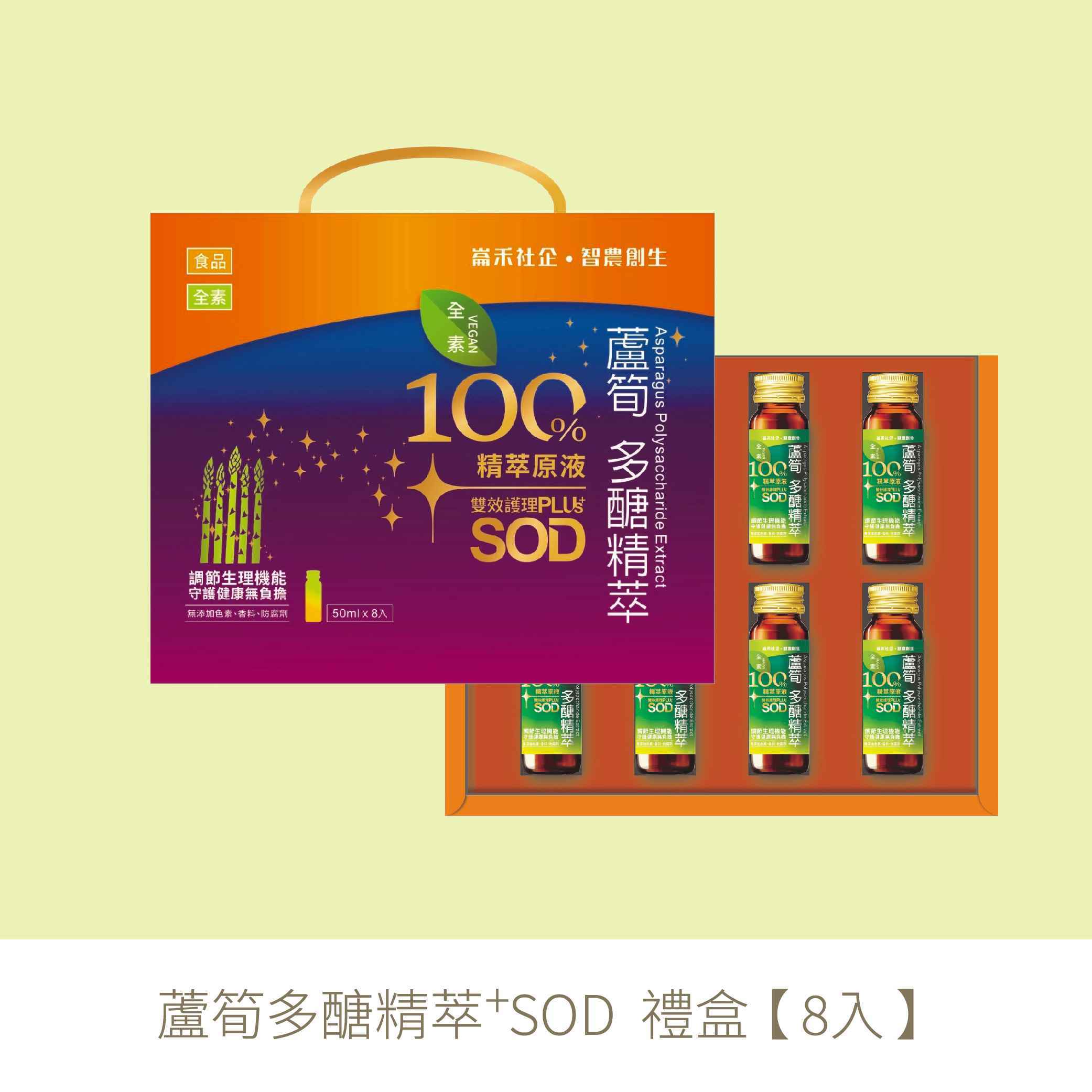 台灣團隊利用多項專利製程研發，結合新創與天然成分萃取——「蘆筍多醣Plus SOD」一瓶雙效，含滿滿多醣體與超氧化物SOD，由內而外綻放自然氣色。